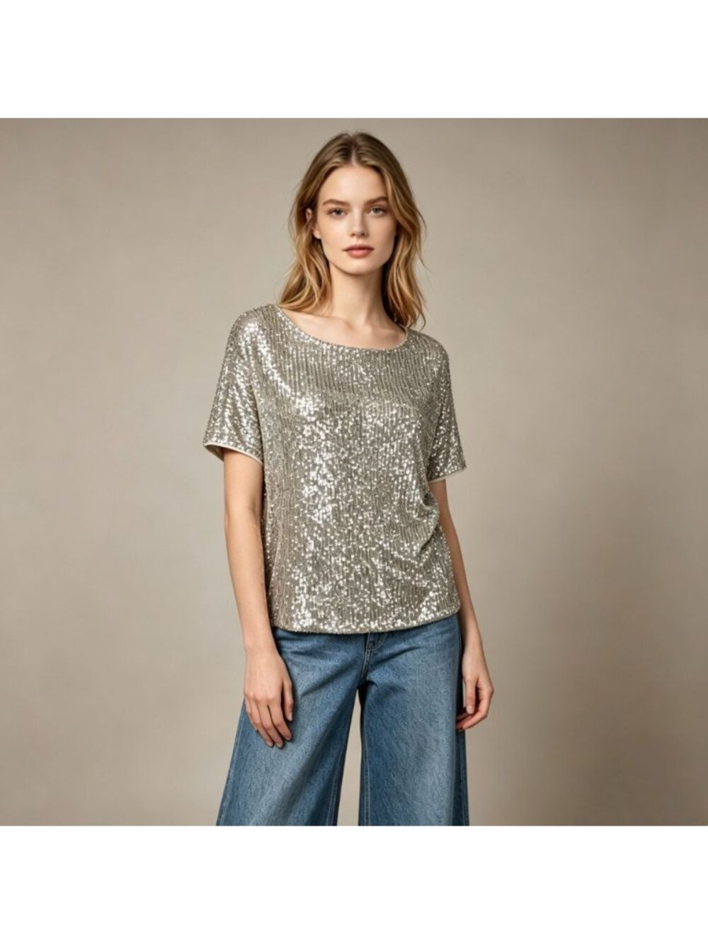 NWT Mint Velvet Silver Sequins Top Stretch Short-Sleeved T-Shirt Size XL